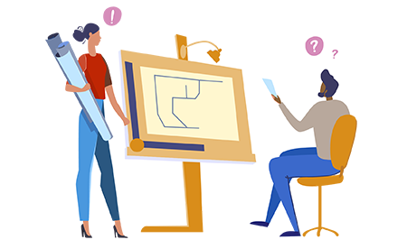 A drawing of two people discussing a plan on a drawing board