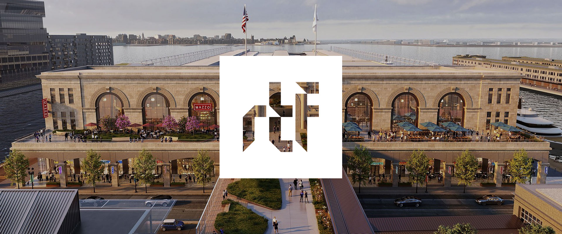 Darkened render of Commonwealth Pier building, with Rethinking the Future award overlayed on top