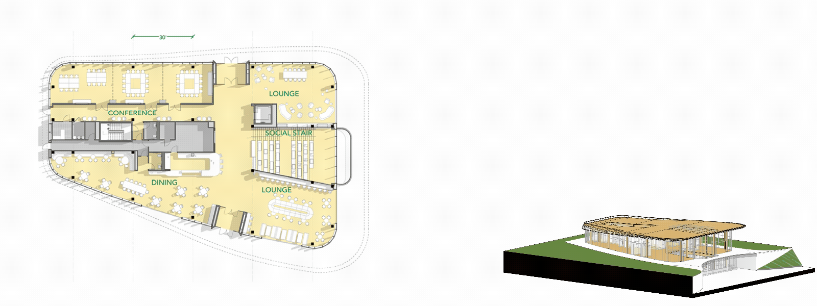 Floor plan and exploded axon for the Exchange