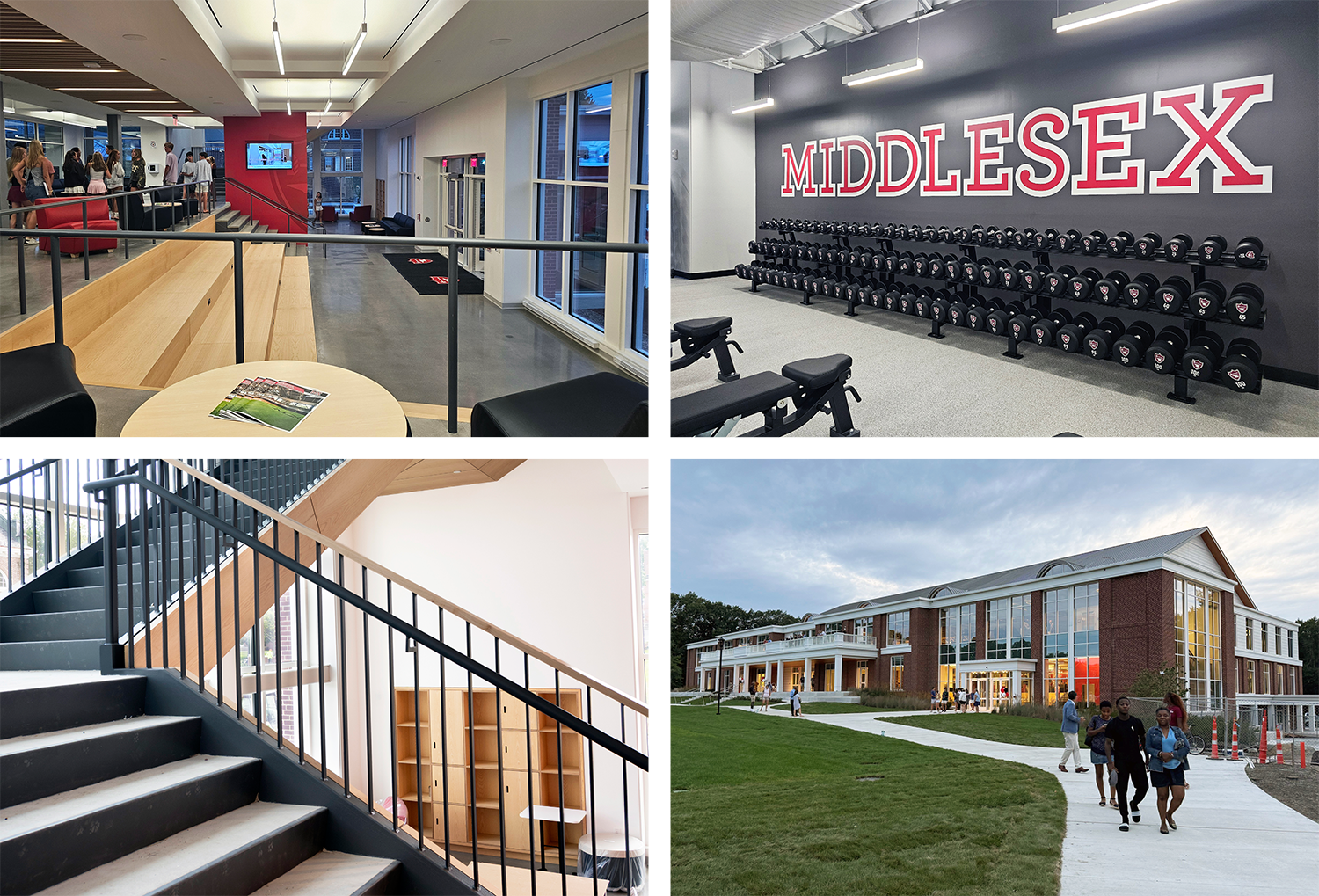Collage of Field House photos include entrance way, staircase, gym, and the exterior